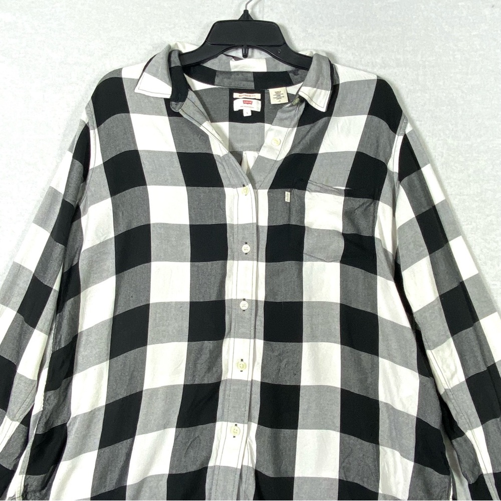 Levis Boyfriend Flannel Shirt Women's L Black White Plaid Button Up Casual Top - Picture 2 of 16